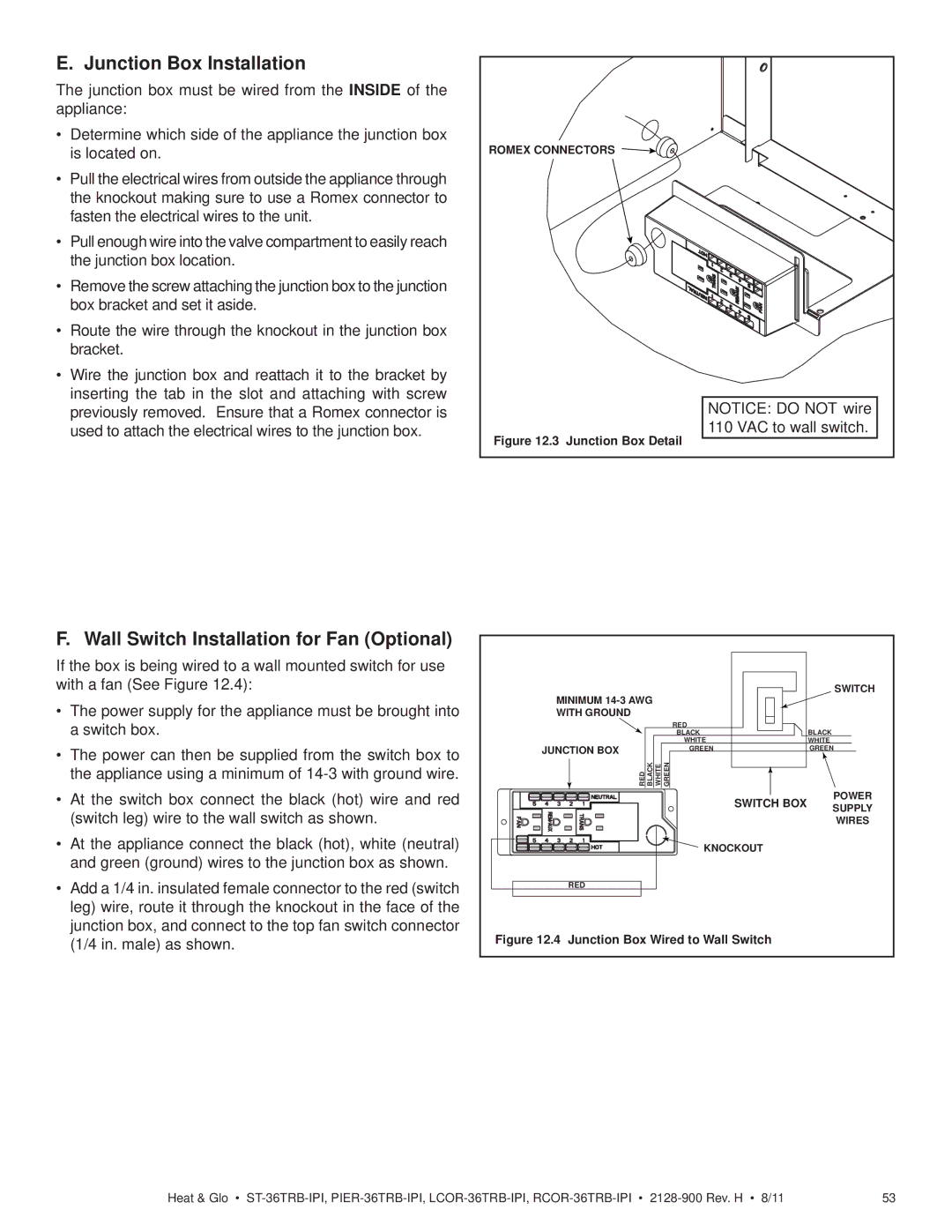 Heat & Glo LifeStyle ST-36TRB-IPI owner manual Junction Box Installation, Wall Switch Installation for Fan Optional 