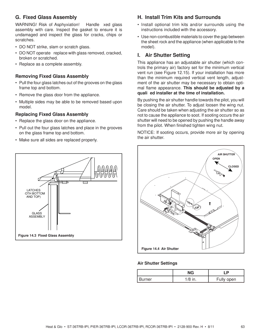 Heat & Glo LifeStyle ST-36TRB-IPI owner manual Install Trim Kits and Surrounds, Air Shutter Settings 