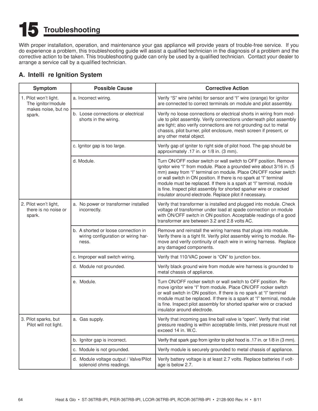 Heat & Glo LifeStyle ST-36TRB-IPI Troubleshooting, Intelliﬁre Ignition System, Symptom Possible Cause Corrective Action 