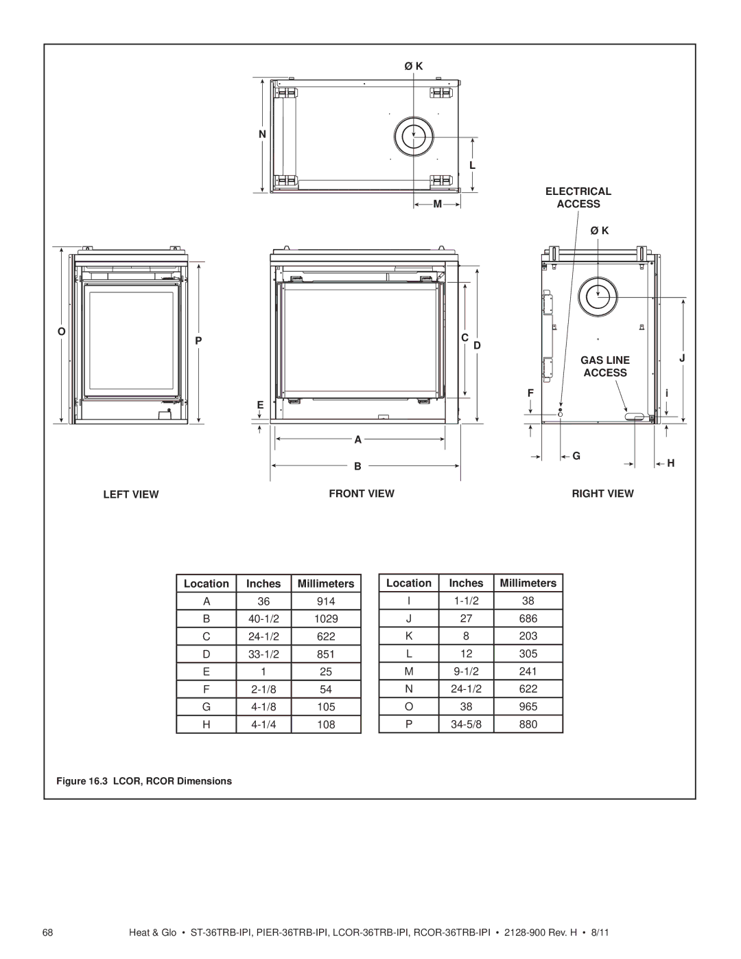 Heat & Glo LifeStyle ST-36TRB-IPI Left View Front View Electrical Access GAS Line Right View, 40-1/2, 24-1/2, 33-1/2 