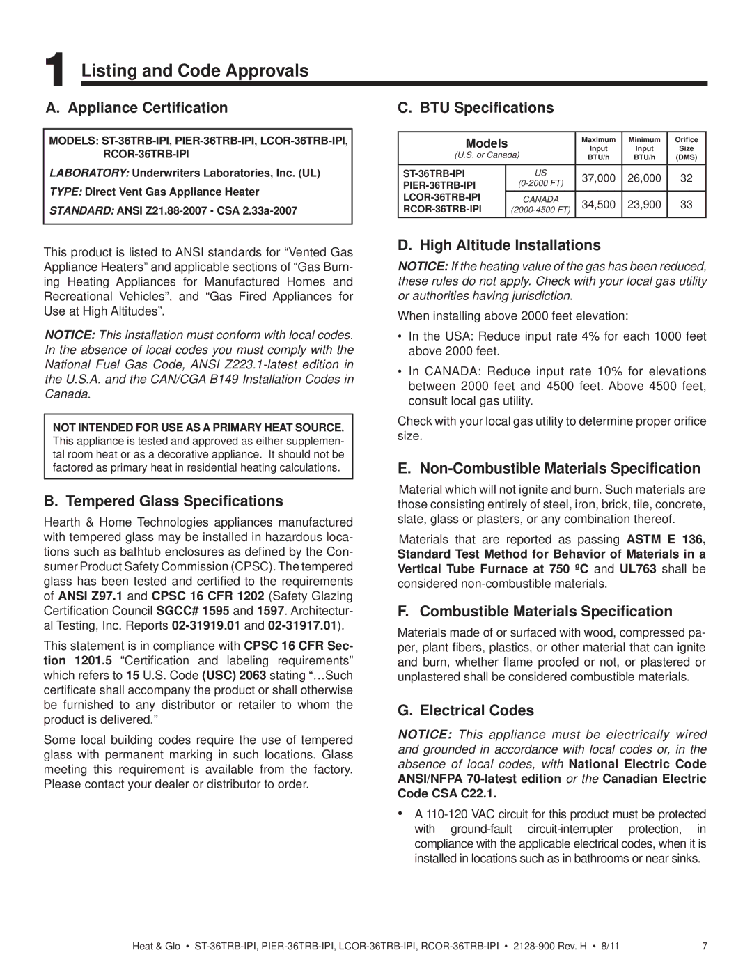 Heat & Glo LifeStyle ST-36TRB-IPI owner manual Listing and Code Approvals 