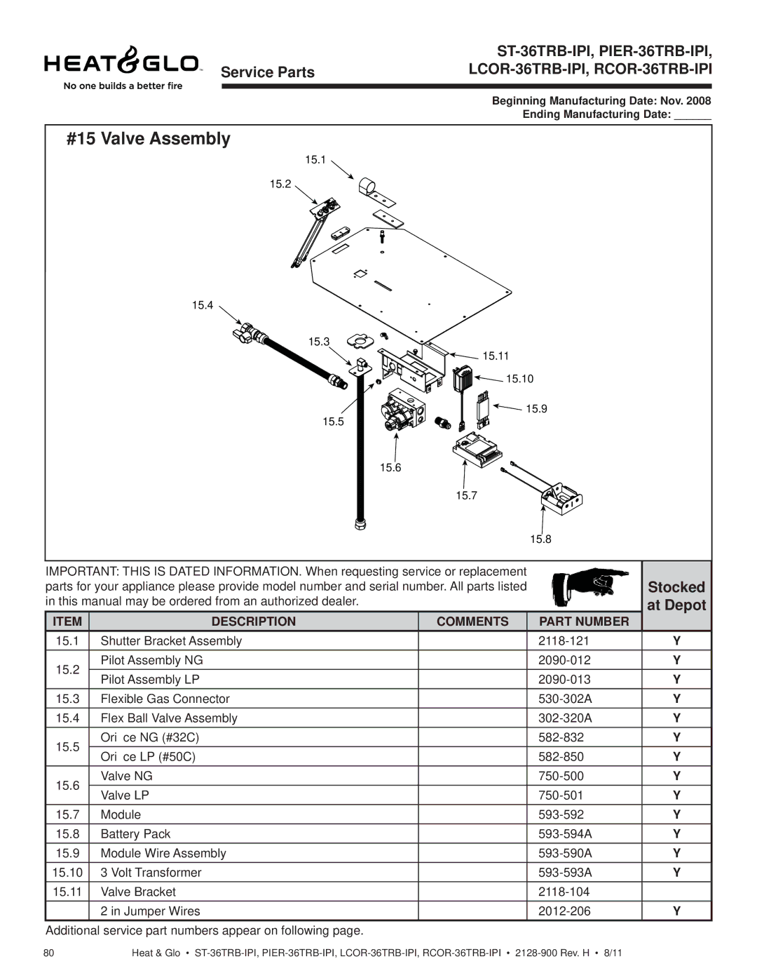 Heat & Glo LifeStyle ST-36TRB-IPI owner manual #15 Valve Assembly, Stocked 