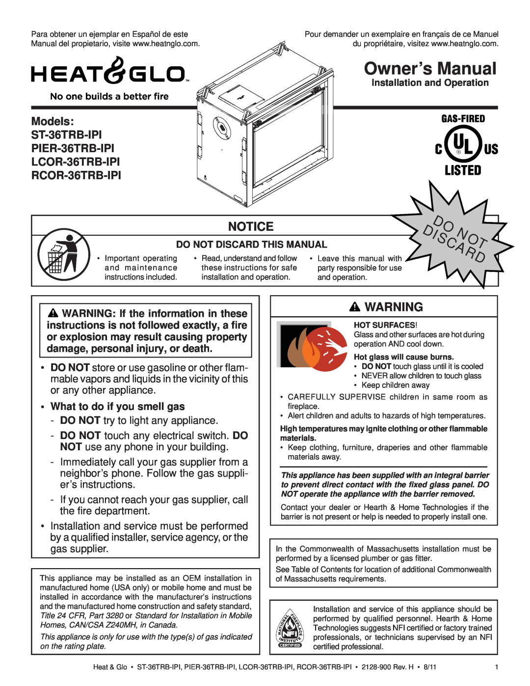 Heat & Glo LifeStyle ST-36TRB-IPI owner manual Notice, •What to do if you smell gas, Owner’s Manual 