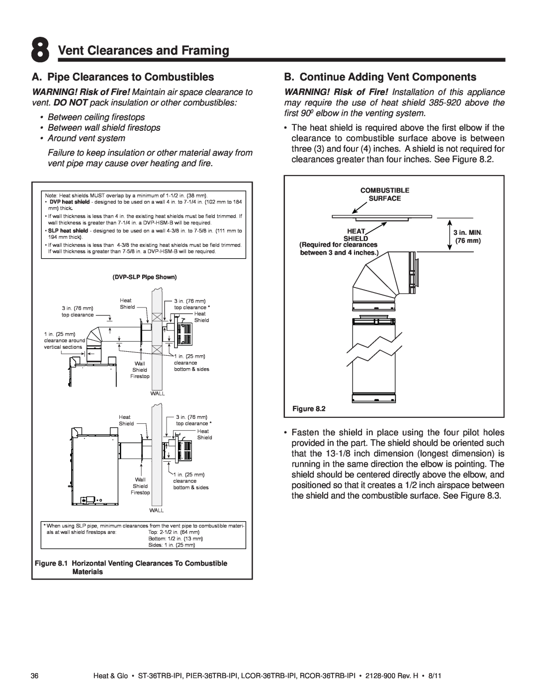 Heat & Glo LifeStyle ST-36TRB-IPI owner manual Vent Clearances and Framing, A. Pipe Clearances to Combustibles 