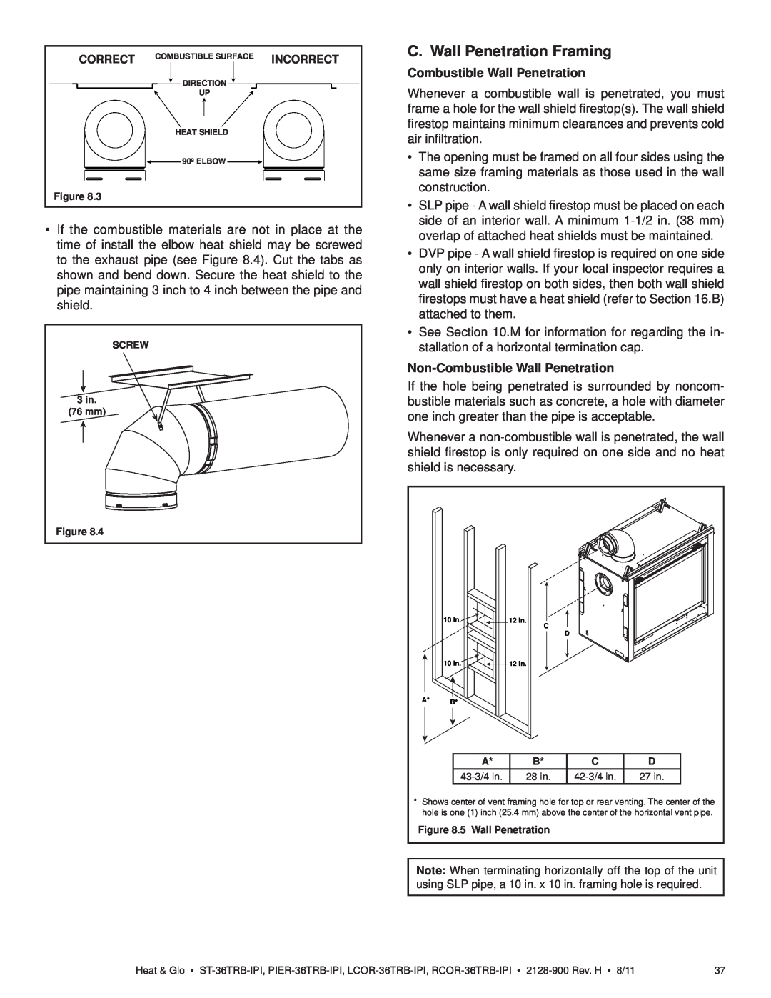 Heat & Glo LifeStyle ST-36TRB-IPI owner manual C. Wall Penetration Framing, Combustible Wall Penetration 