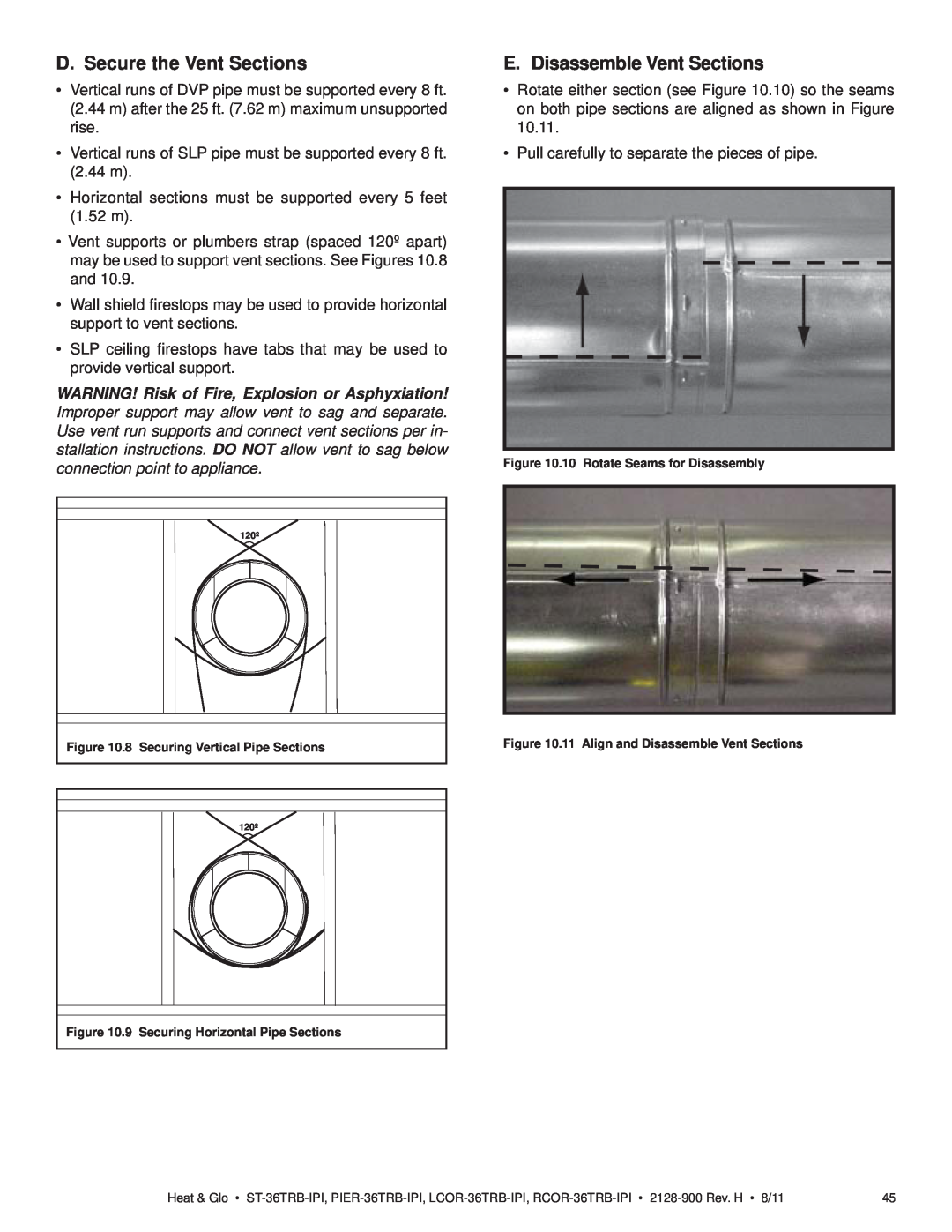 Heat & Glo LifeStyle ST-36TRB-IPI owner manual D. Secure the Vent Sections, E. Disassemble Vent Sections 