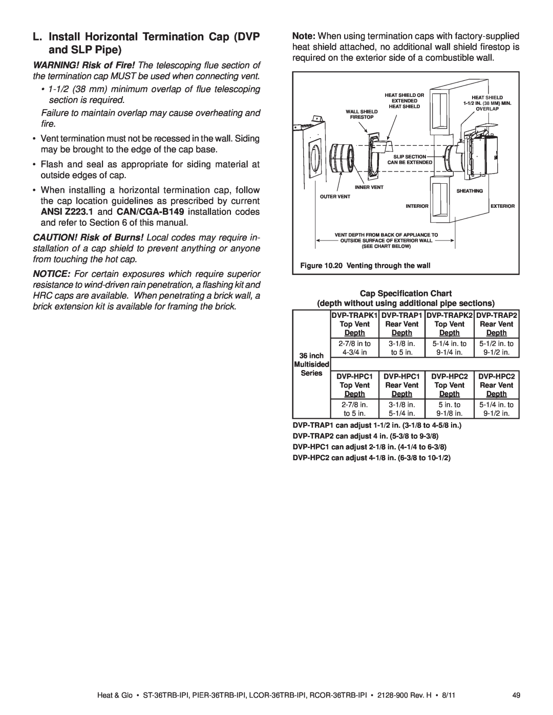 Heat & Glo LifeStyle ST-36TRB-IPI owner manual Cap Speciﬁcation Chart, depth without using additional pipe sections 