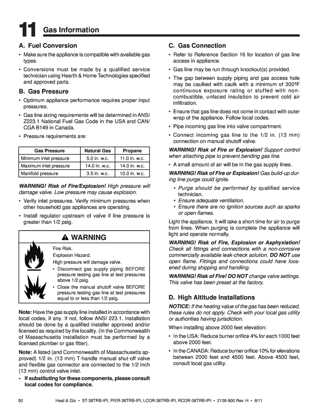 Heat & Glo LifeStyle ST-36TRB-IPI owner manual Gas Information, A. Fuel Conversion, B. Gas Pressure, C. Gas Connection 