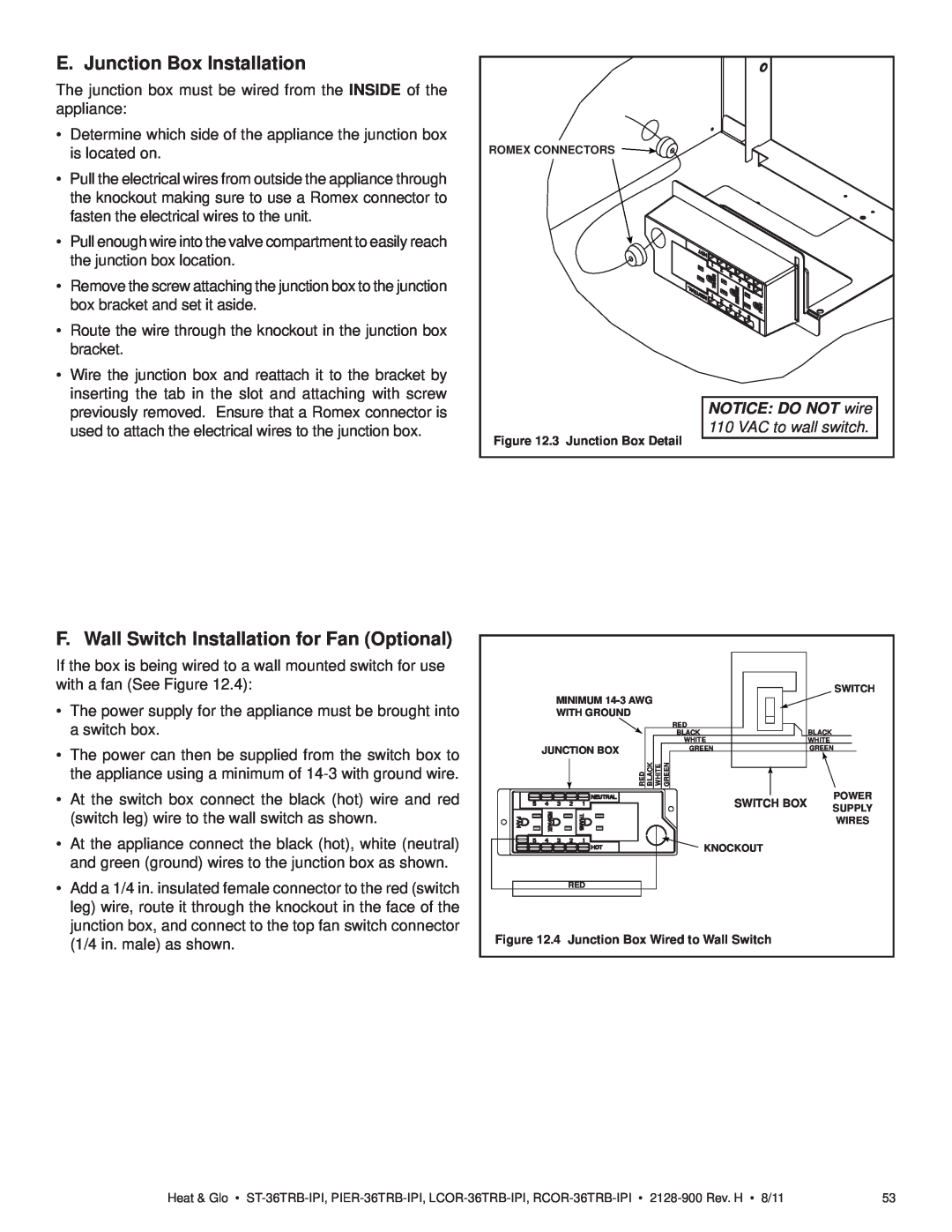 Heat & Glo LifeStyle ST-36TRB-IPI owner manual E. Junction Box Installation, F. Wall Switch Installation for Fan Optional 