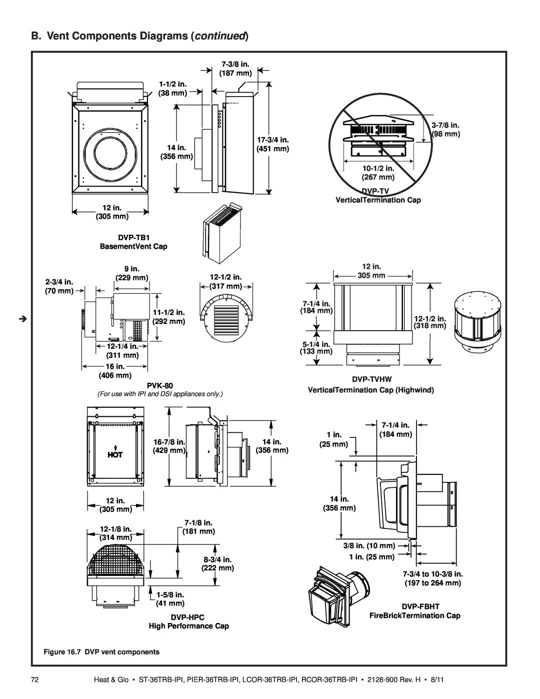 Heat & Glo LifeStyle ST-36TRB-IPI B. Vent Components Diagrams continued, 3-7/8in, 98 mm, 10-1/2in, 267 mm, Dvp-Tv, 12 in 