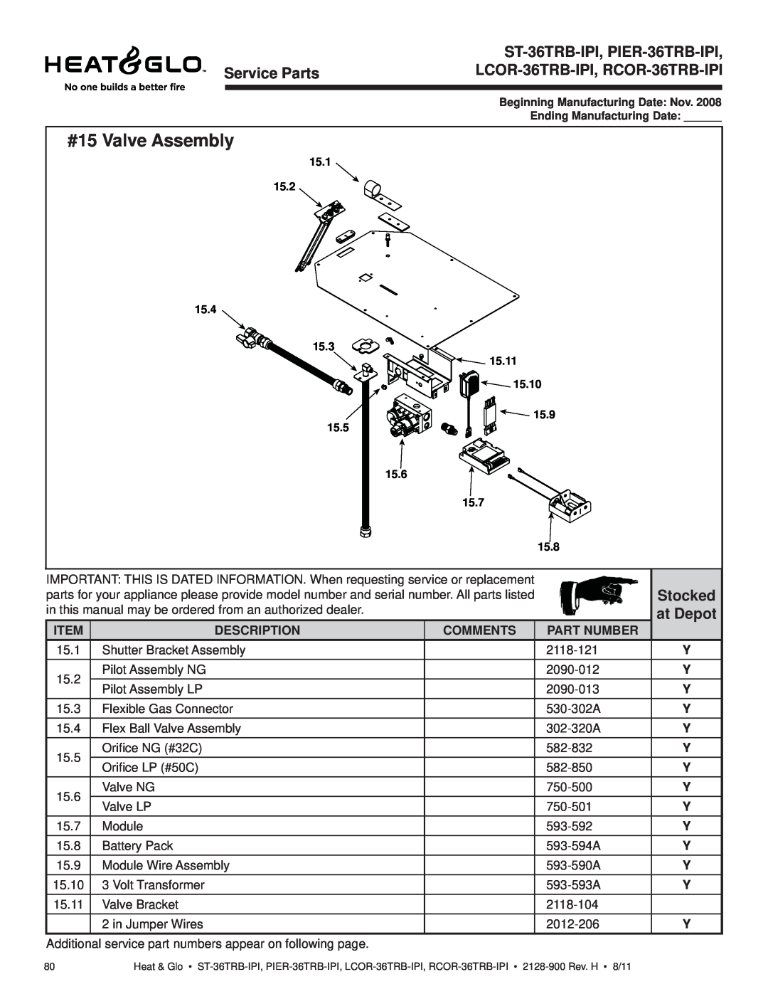 Heat & Glo LifeStyle owner manual #15 Valve Assembly, ST-36TRB-IPI, PIER-36TRB-IPI, Service Parts, Stocked, at Depot 