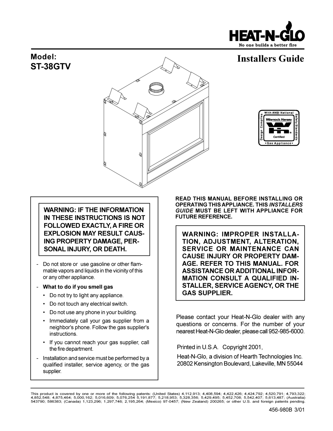 Heat & Glo LifeStyle ST-38GTV manual Installers Guide, What to do if you smell gas 