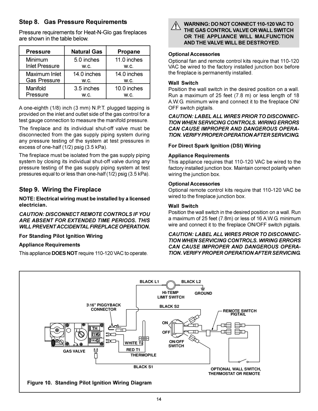 Heat & Glo LifeStyle ST-38GTV manual Gas Pressure Requirements, Wiring the Fireplace 