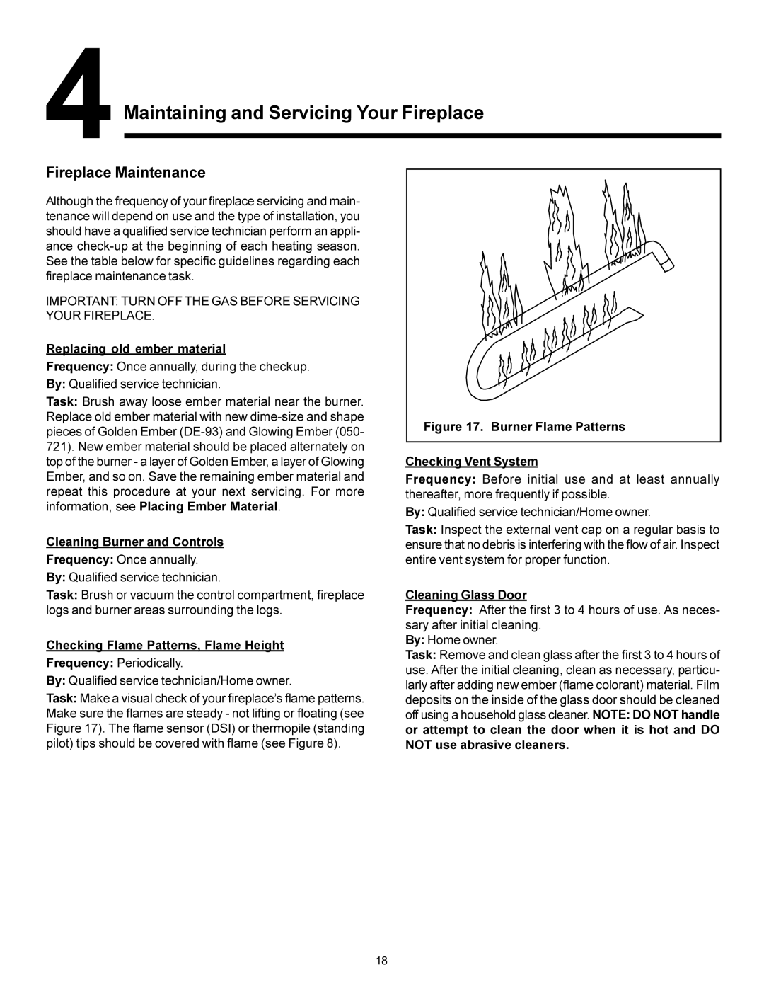 Heat & Glo LifeStyle ST-38GTV manual Maintaining and Servicing Your Fireplace, Fireplace Maintenance, Cleaning Glass Door 