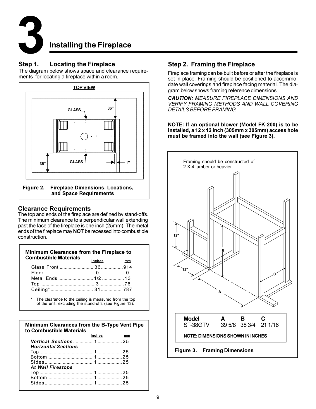 Heat & Glo LifeStyle ST-38GTV manual Installing the Fireplace, Step Locating the Fireplace Framing the Fireplace 