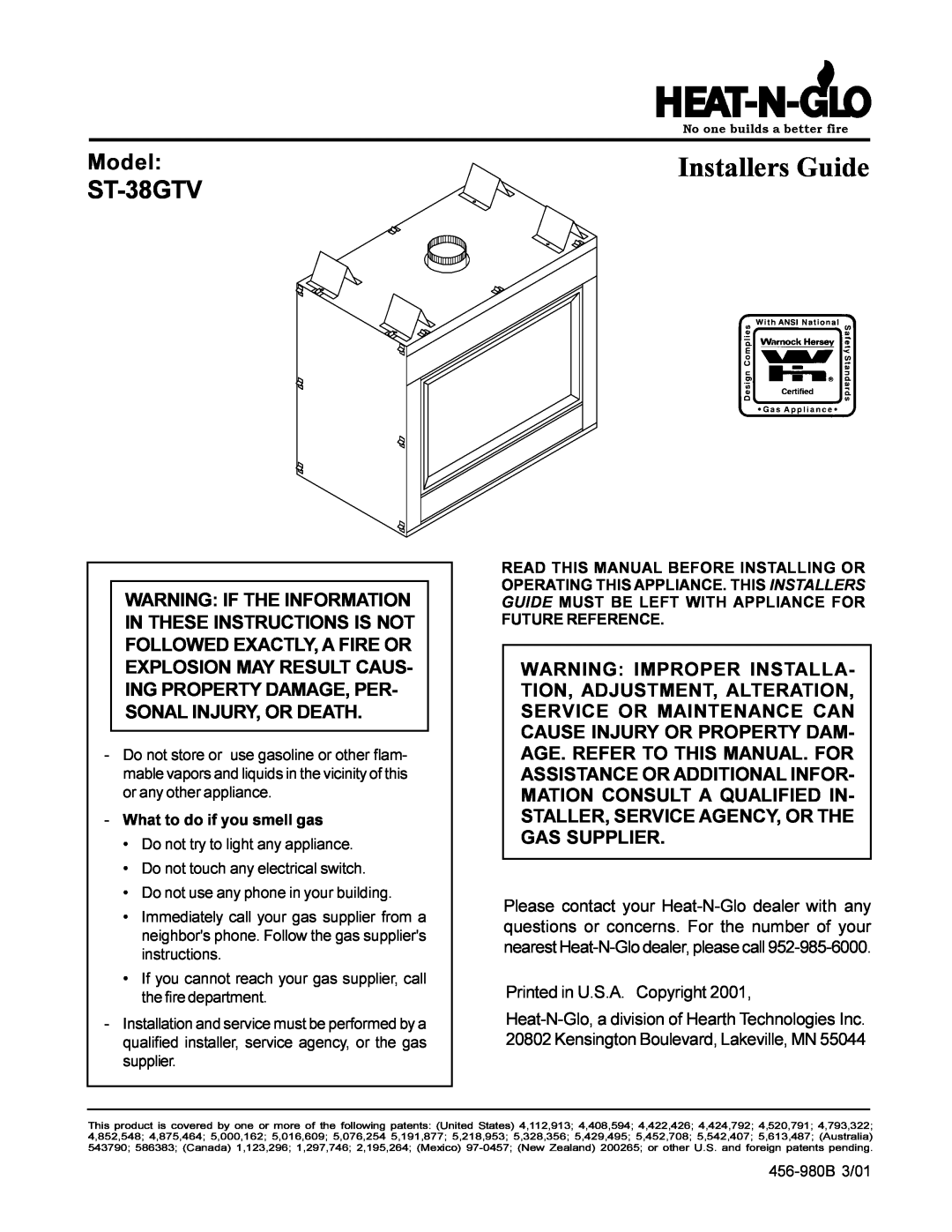 Heat & Glo LifeStyle ST-38GTV manual Model, Installers Guide, What to do if you smell gas 