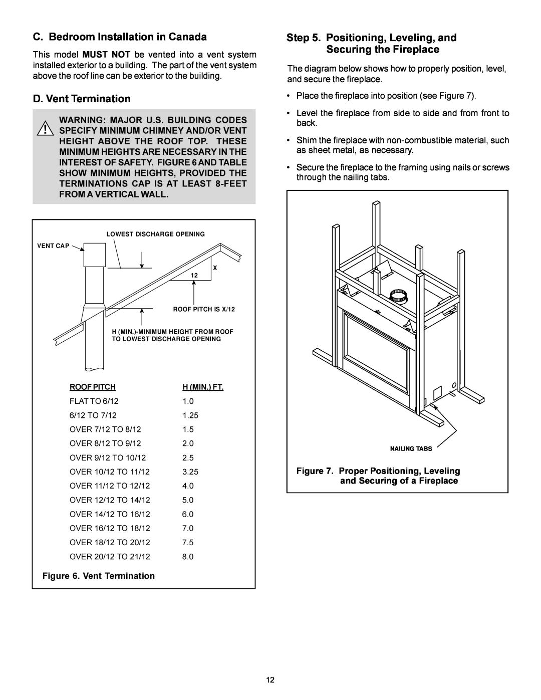 Heat & Glo LifeStyle ST-38GTV C. Bedroom Installation in Canada, D. Vent Termination, Warning Major U.S. Building Codes 