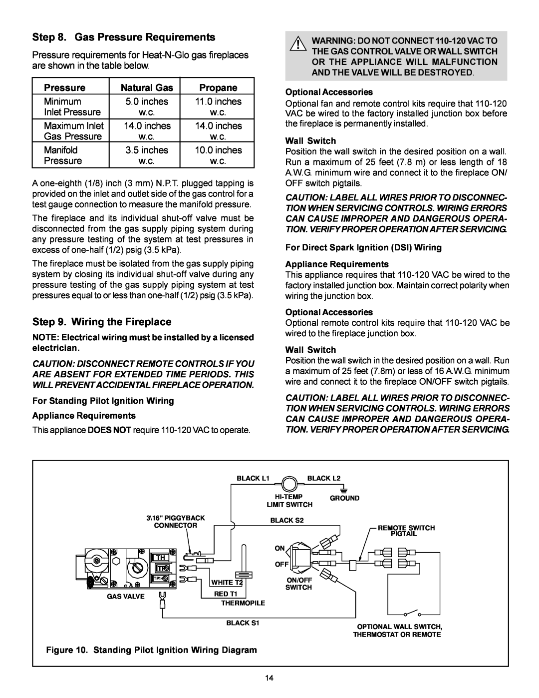 Heat & Glo LifeStyle ST-38GTV Gas Pressure Requirements, Wiring the Fireplace, inches, For Standing Pilot Ignition Wiring 