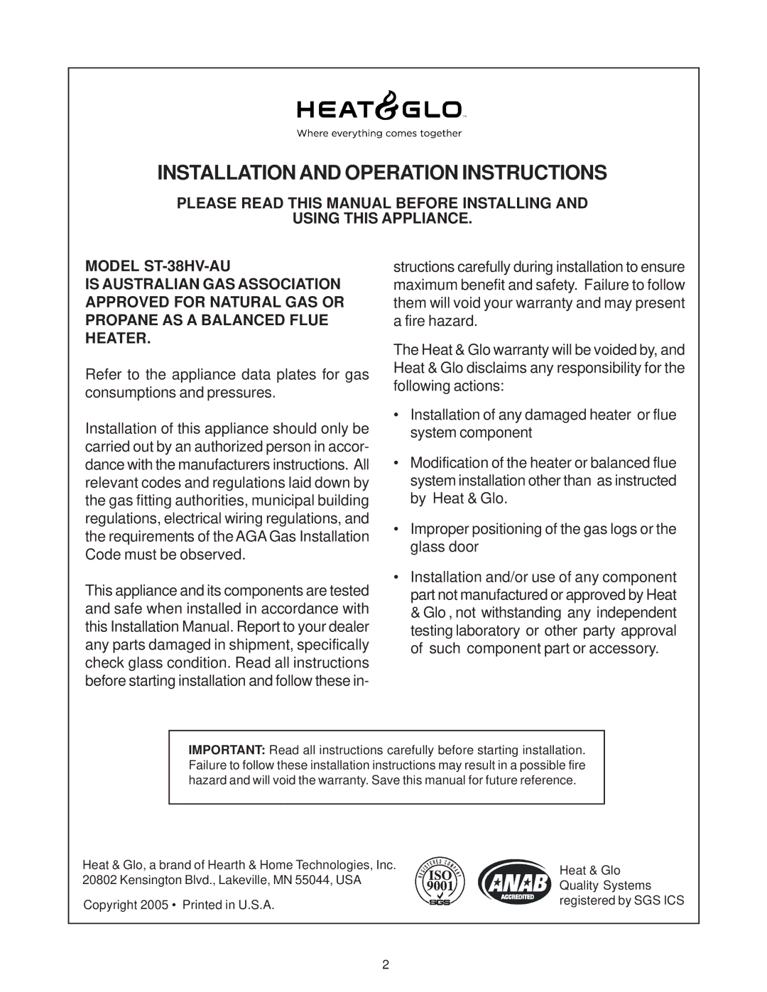 Heat & Glo LifeStyle ST-38HV-AU manual Installation and Operation Instructions 