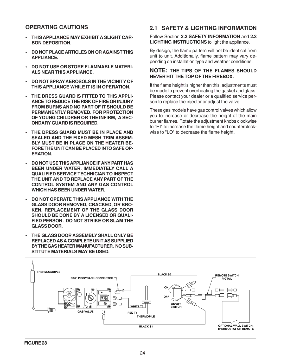 Heat & Glo LifeStyle ST-38HV-AU manual Operating Cautions, Safety & Lighting Information 