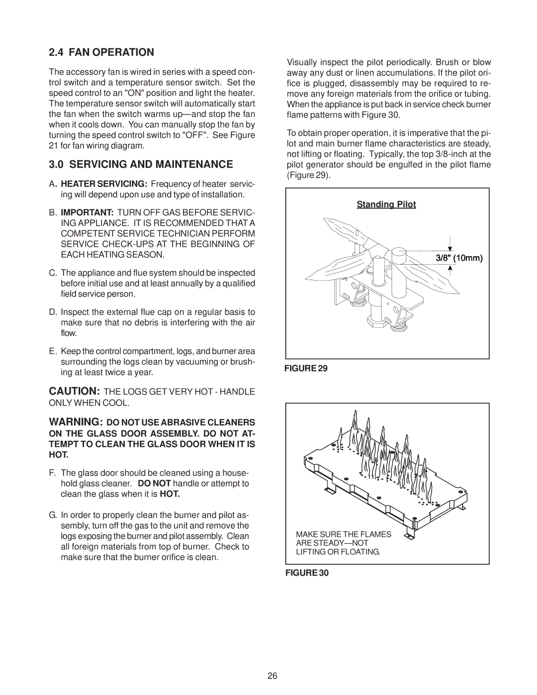 Heat & Glo LifeStyle ST-38HV-AU manual FAN Operation, Servicing and Maintenance 