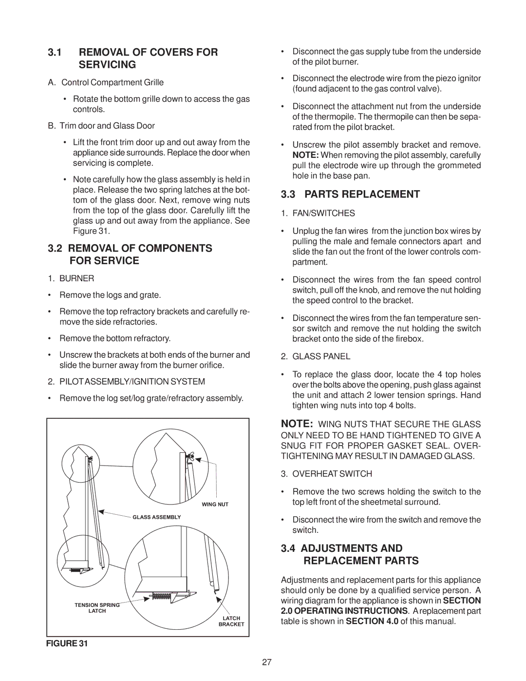 Heat & Glo LifeStyle ST-38HV-AU Removal of Covers for Servicing, Removal of Components for Service, Parts Replacement 