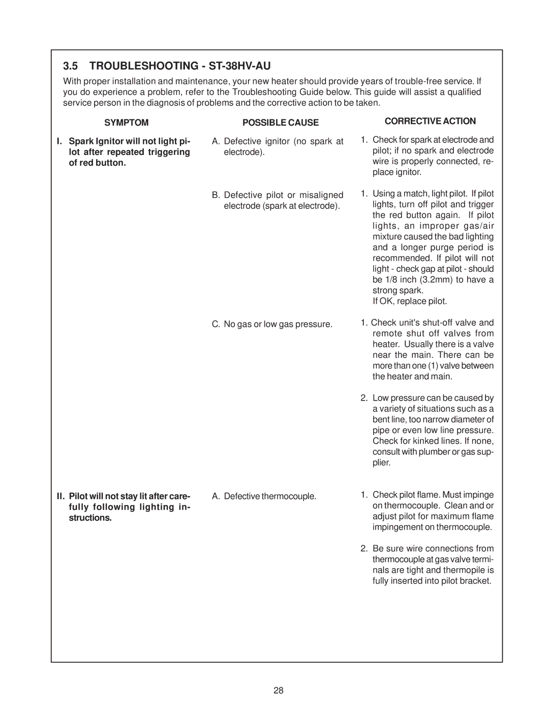 Heat & Glo LifeStyle manual Troubleshooting ST-38HV-AU, Symptom Possible Cause Corrective Action 