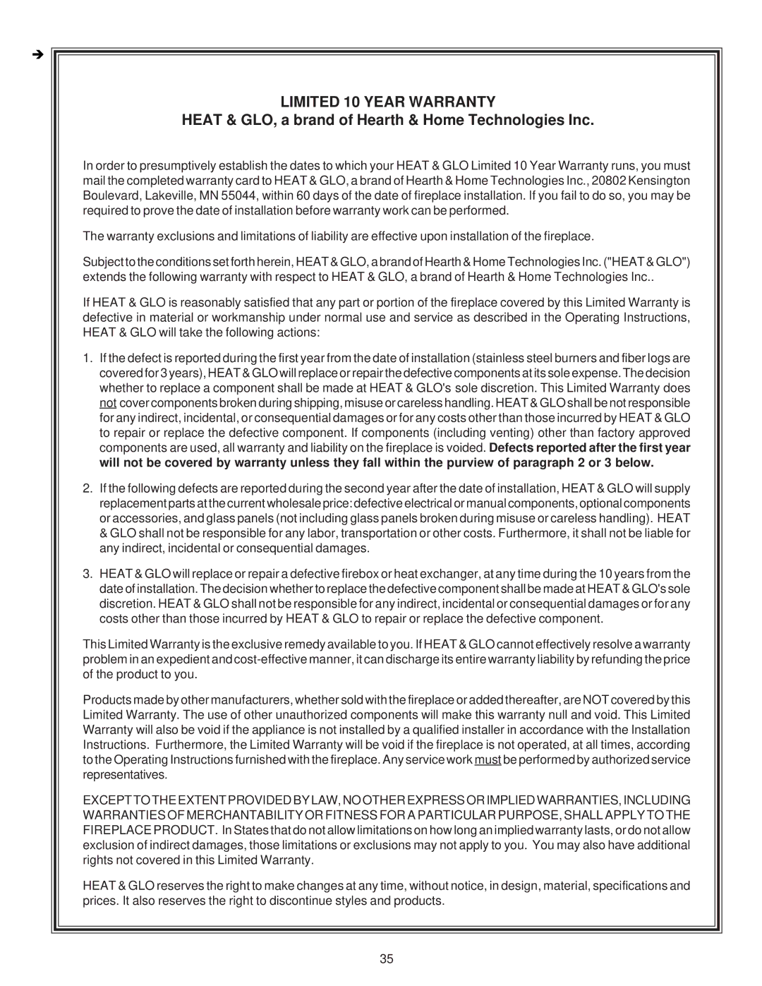 Heat & Glo LifeStyle ST-38HV-AU manual Limited 10 Year Warranty, Heat & GLO, a brand of Hearth & Home Technologies Inc 