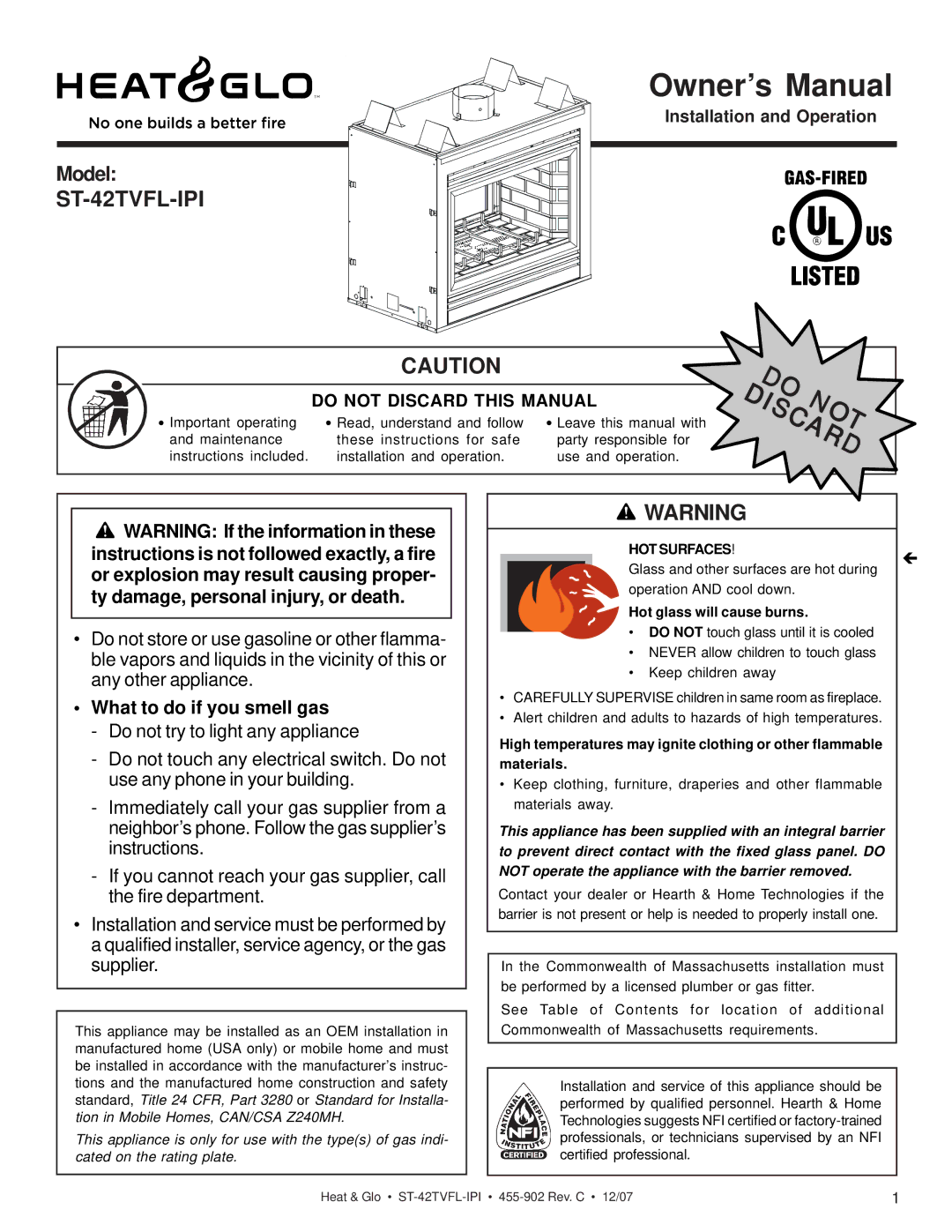 Heat & Glo LifeStyle ST-42TVFL-IPI owner manual Installation and Operation 