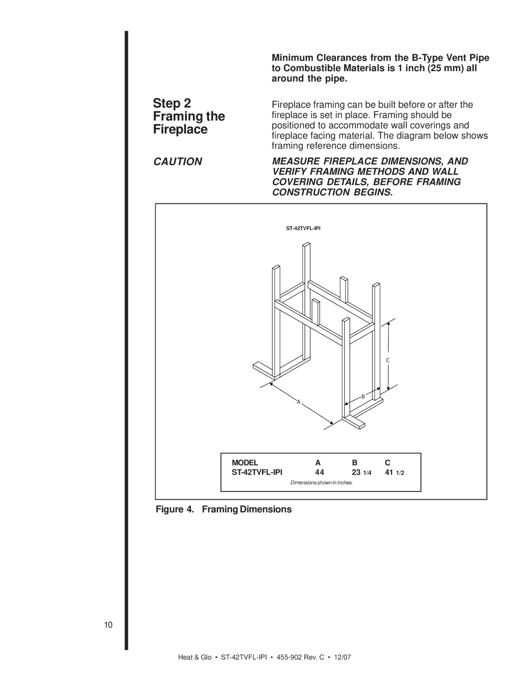 Heat & Glo LifeStyle ST-42TVFL-IPI owner manual Step Framing Fireplace, Framing Dimensions 