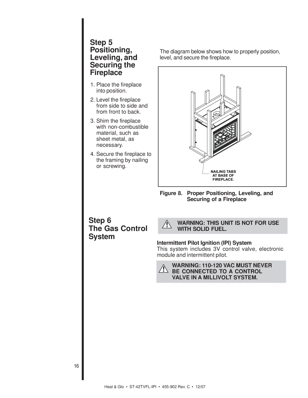 Heat & Glo LifeStyle ST-42TVFL-IPI owner manual Step Positioning Leveling, Securing Fireplace, Step Gas Control System 