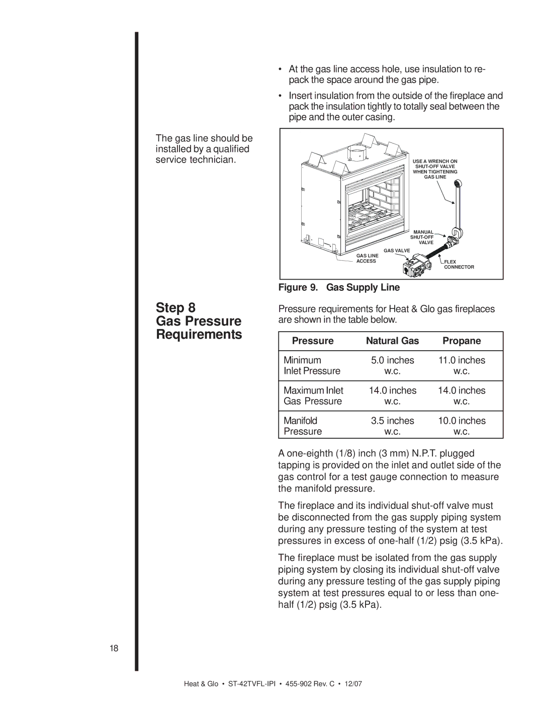 Heat & Glo LifeStyle ST-42TVFL-IPI owner manual Step Gas Pressure Requirements, Pressure Natural Gas Propane 