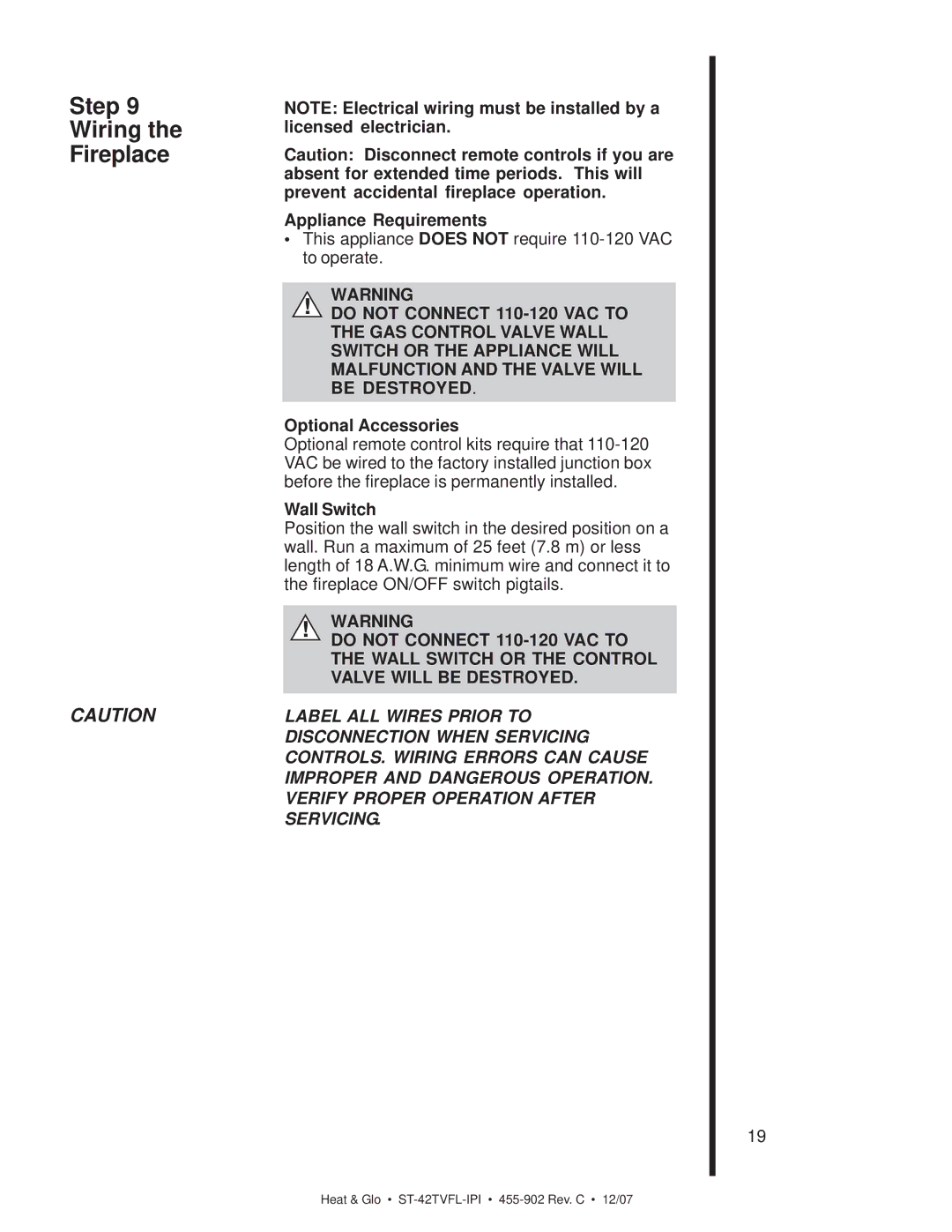 Heat & Glo LifeStyle ST-42TVFL-IPI Step Wiring Fireplace, Appliance Requirements, Optional Accessories, Wall Switch 