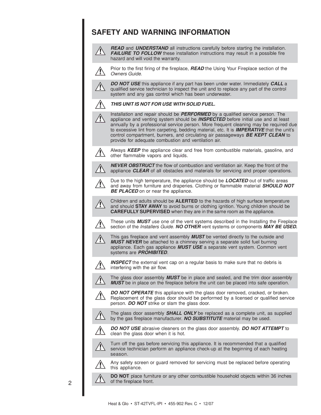 Heat & Glo LifeStyle ST-42TVFL-IPI owner manual Safety and Warning Information 