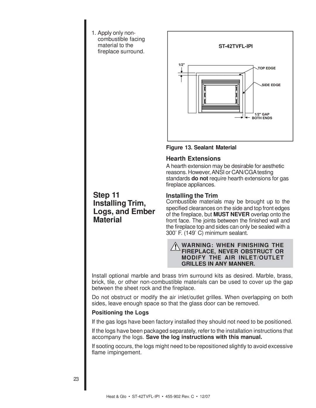 Heat & Glo LifeStyle ST-42TVFL-IPI Step Installing Trim Logs, and Ember Material, Hearth Extensions, Installing the Trim 