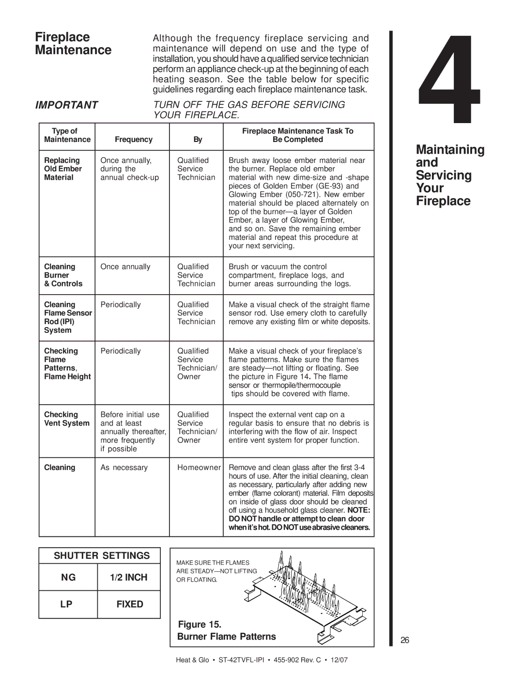 Heat & Glo LifeStyle ST-42TVFL-IPI Maintenance, Maintaining and Servicing Your Fireplace, Inch, Burner Flame Patterns 