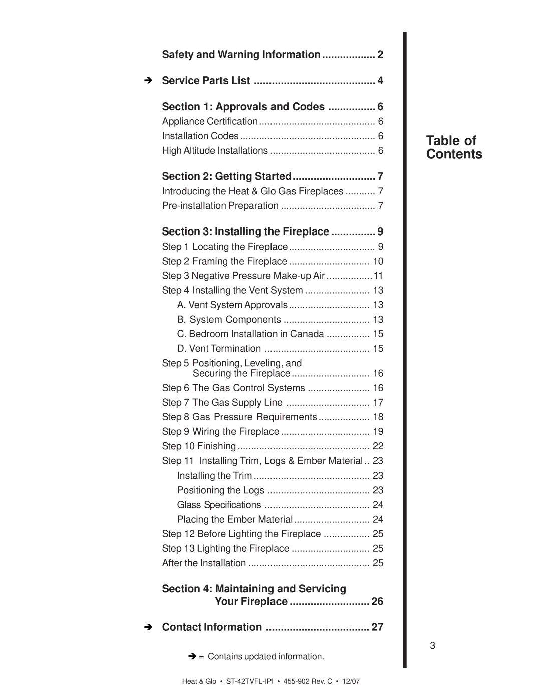 Heat & Glo LifeStyle ST-42TVFL-IPI owner manual Table of Contents, Getting Started, Installing the Fireplace 