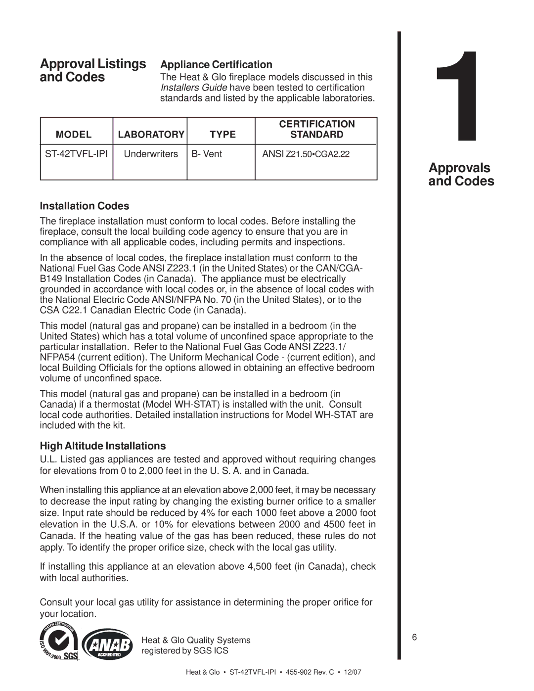 Heat & Glo LifeStyle ST-42TVFL-IPI Approvals and Codes, Approval Listings Appliance Certification, Installation Codes 