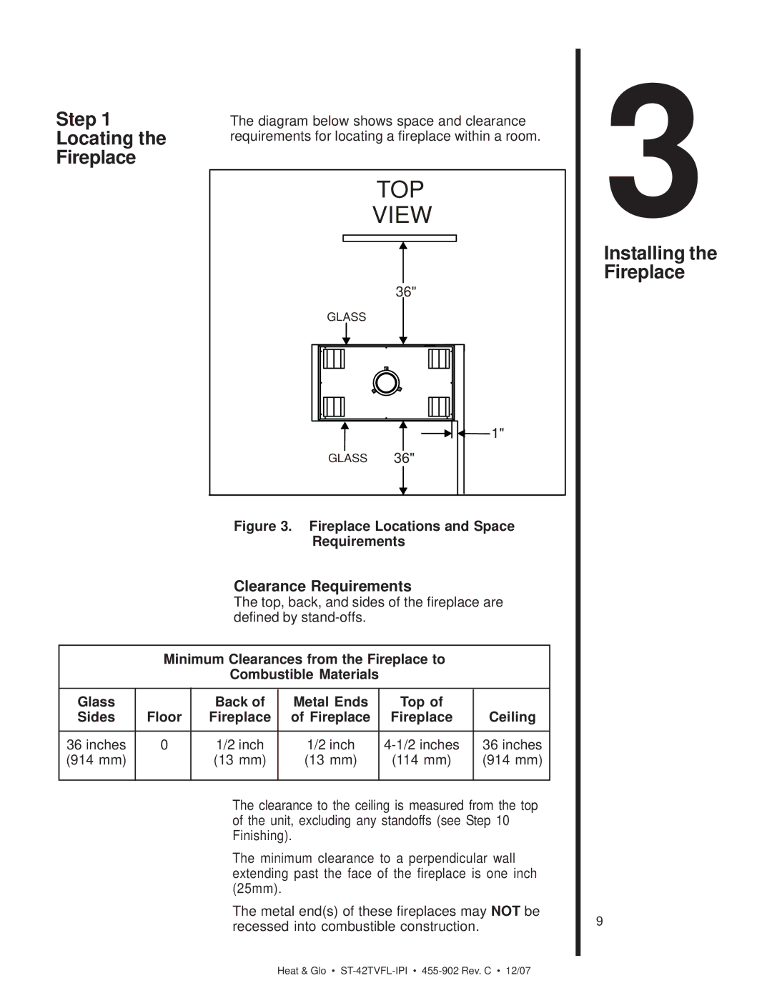 Heat & Glo LifeStyle ST-42TVFL-IPI owner manual Step, Locating, Installing the Fireplace, Clearance Requirements 