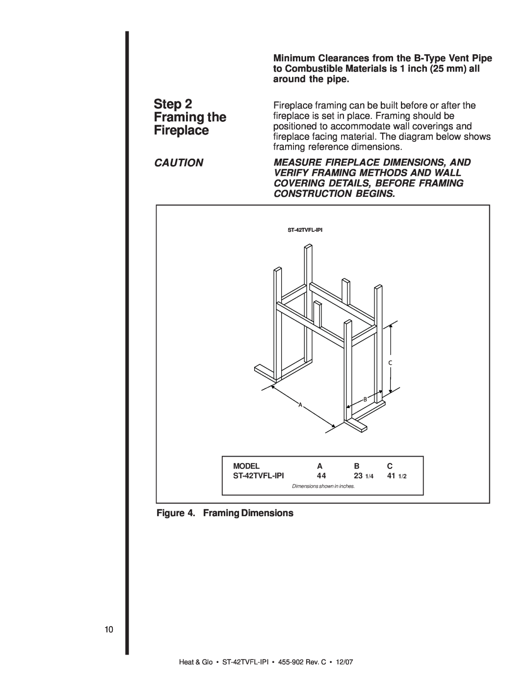 Heat & Glo LifeStyle ST-42TVFL-IPI owner manual Step Framing the Fireplace, Framing Dimensions 
