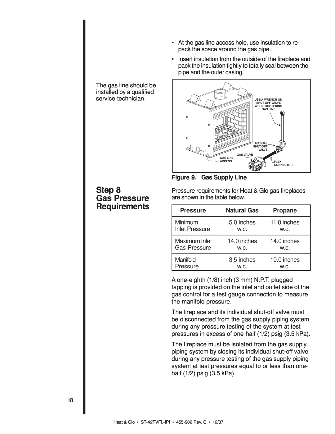 Heat & Glo LifeStyle ST-42TVFL-IPI owner manual Step Gas Pressure Requirements, Gas Supply Line, Natural Gas, Propane 
