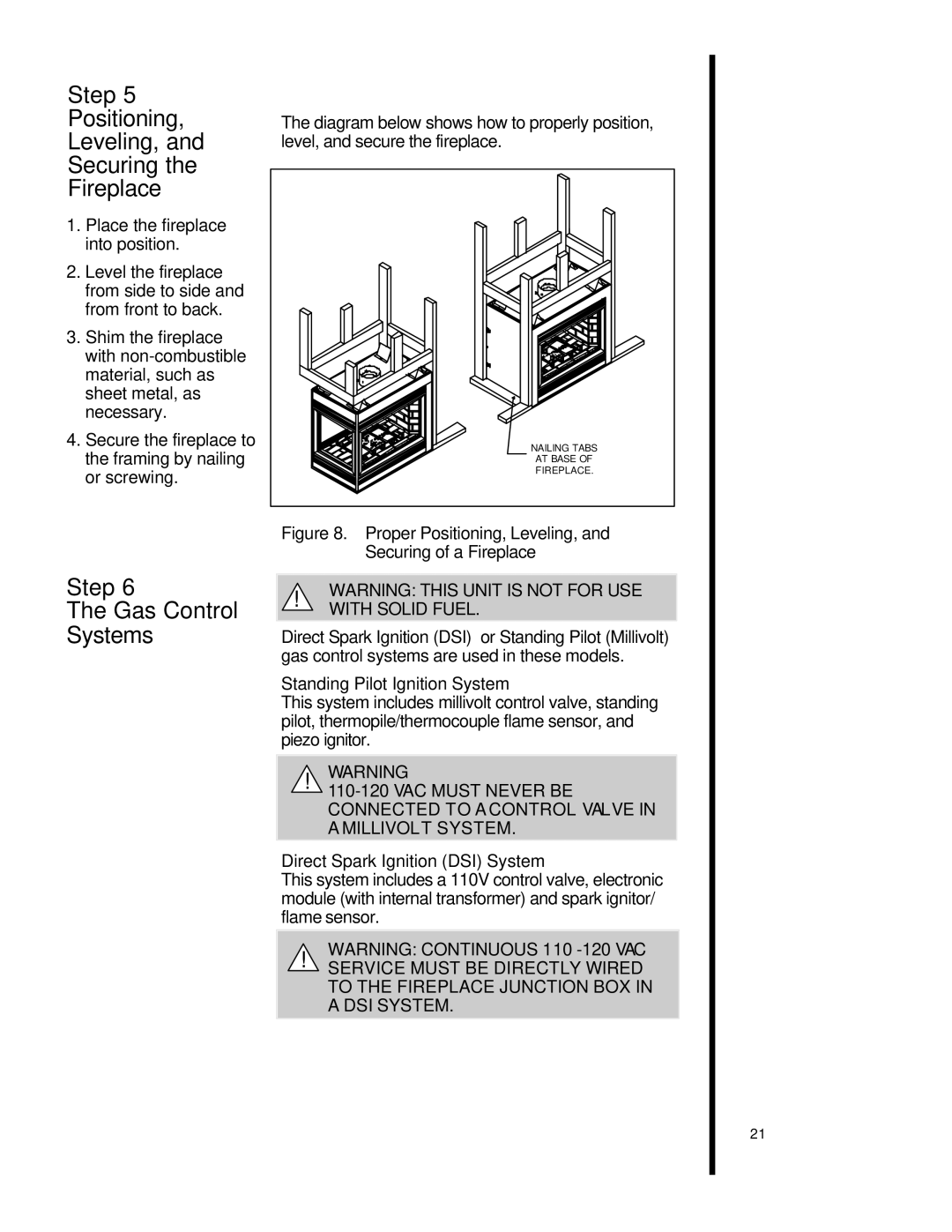 Heat & Glo LifeStyle st-42tvfl manual Step Positioning Leveling, Securing Fireplace, Step Gas Control Systems 