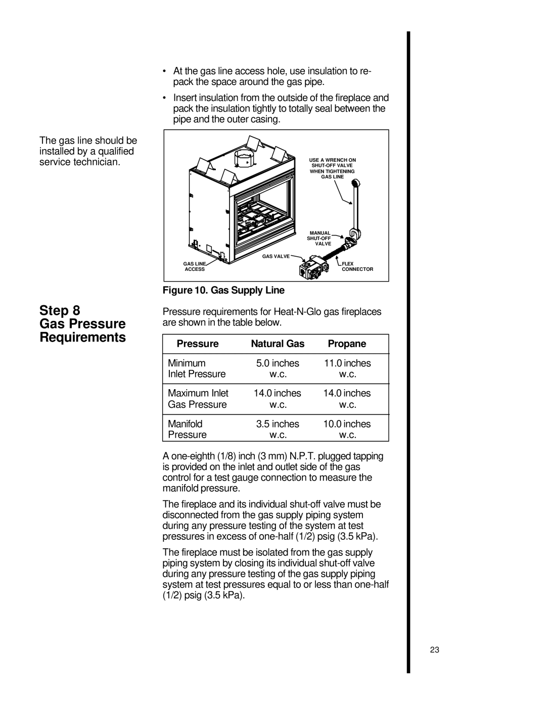 Heat & Glo LifeStyle st-42tvfl manual Step Gas Pressure Requirements, Pressure Natural Gas Propane 