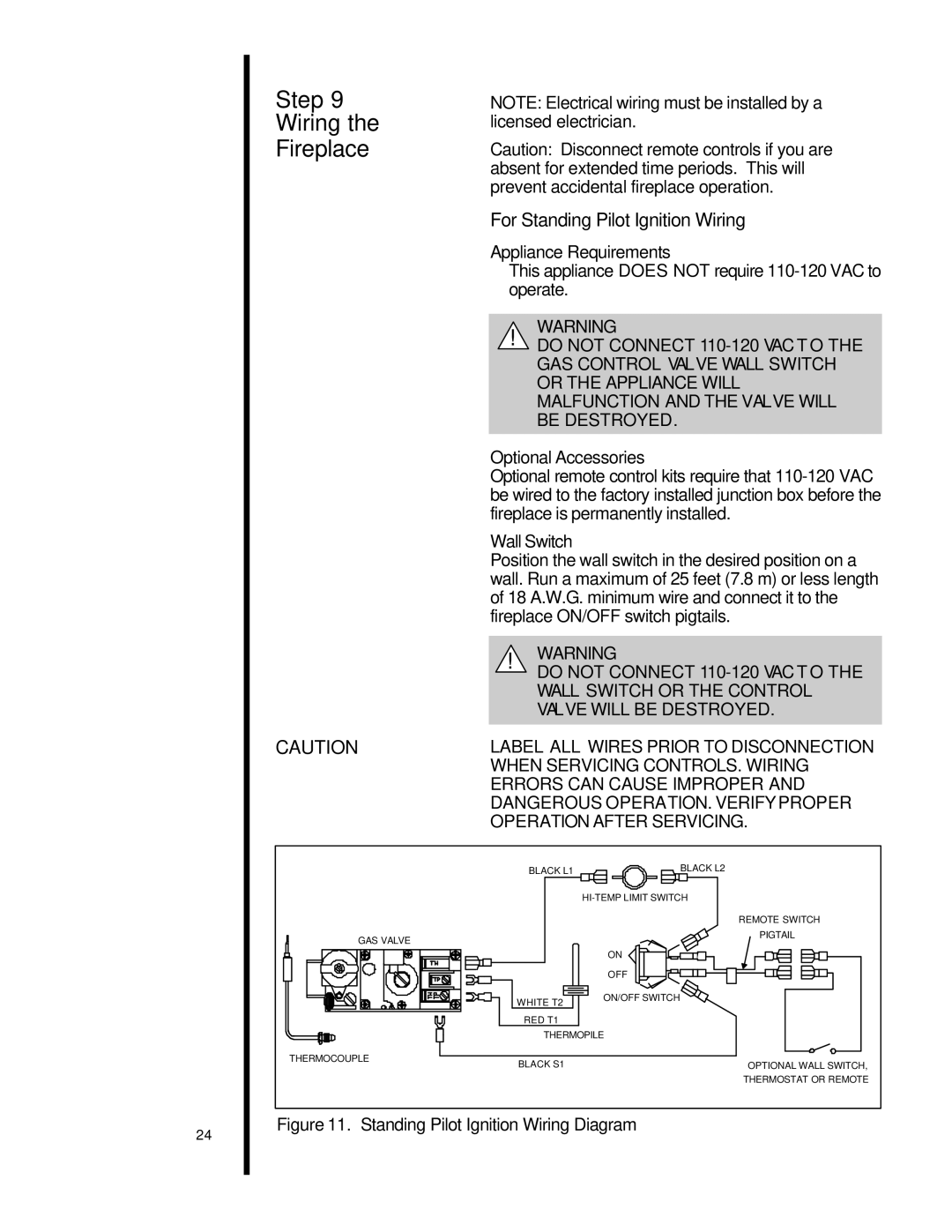 Heat & Glo LifeStyle st-42tvfl manual Step Wiring Fireplace, For Standing Pilot Ignition Wiring, Appliance Requirements 