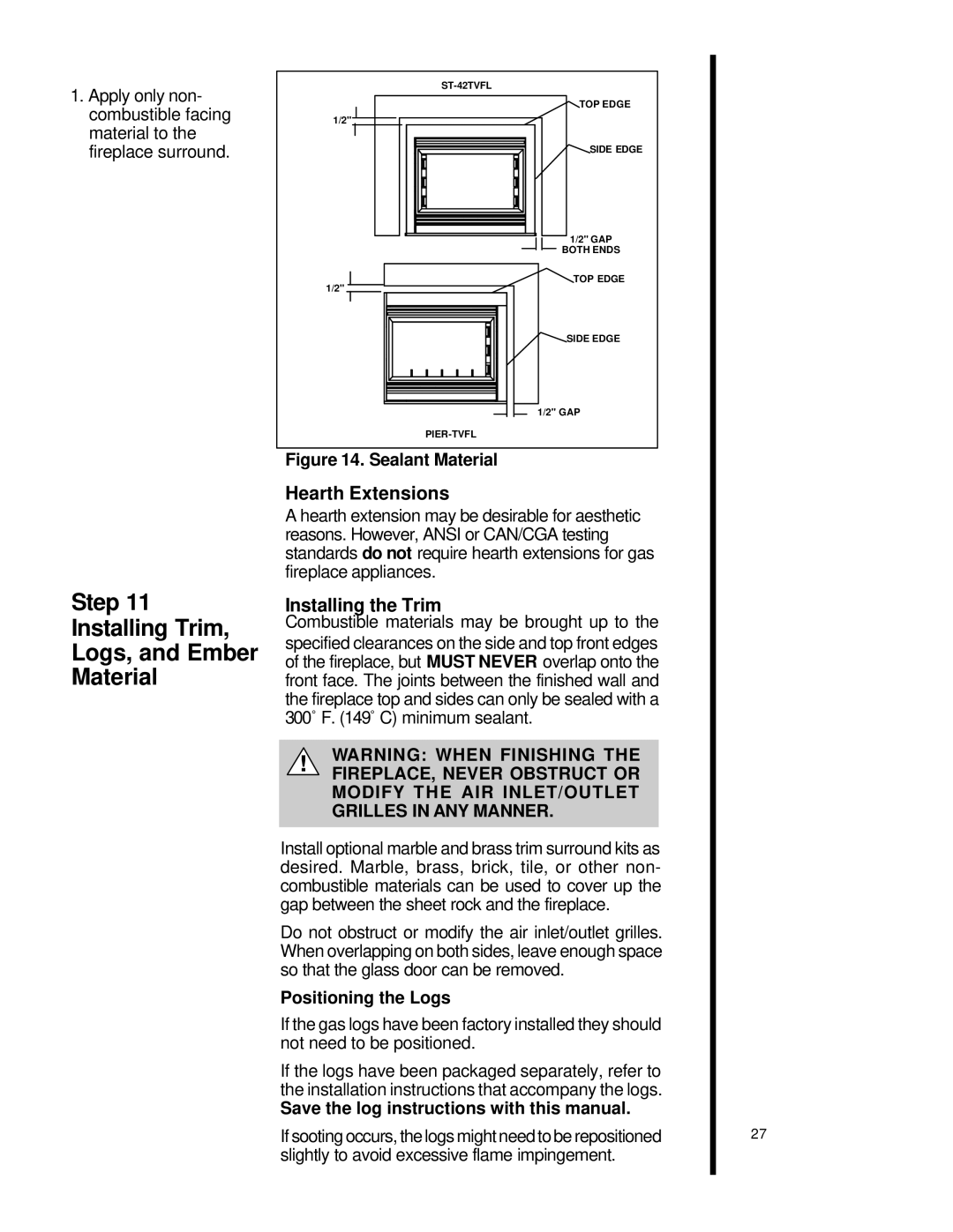 Heat & Glo LifeStyle st-42tvfl manual Step Installing Trim Logs, and Ember Material, Hearth Extensions, Installing the Trim 