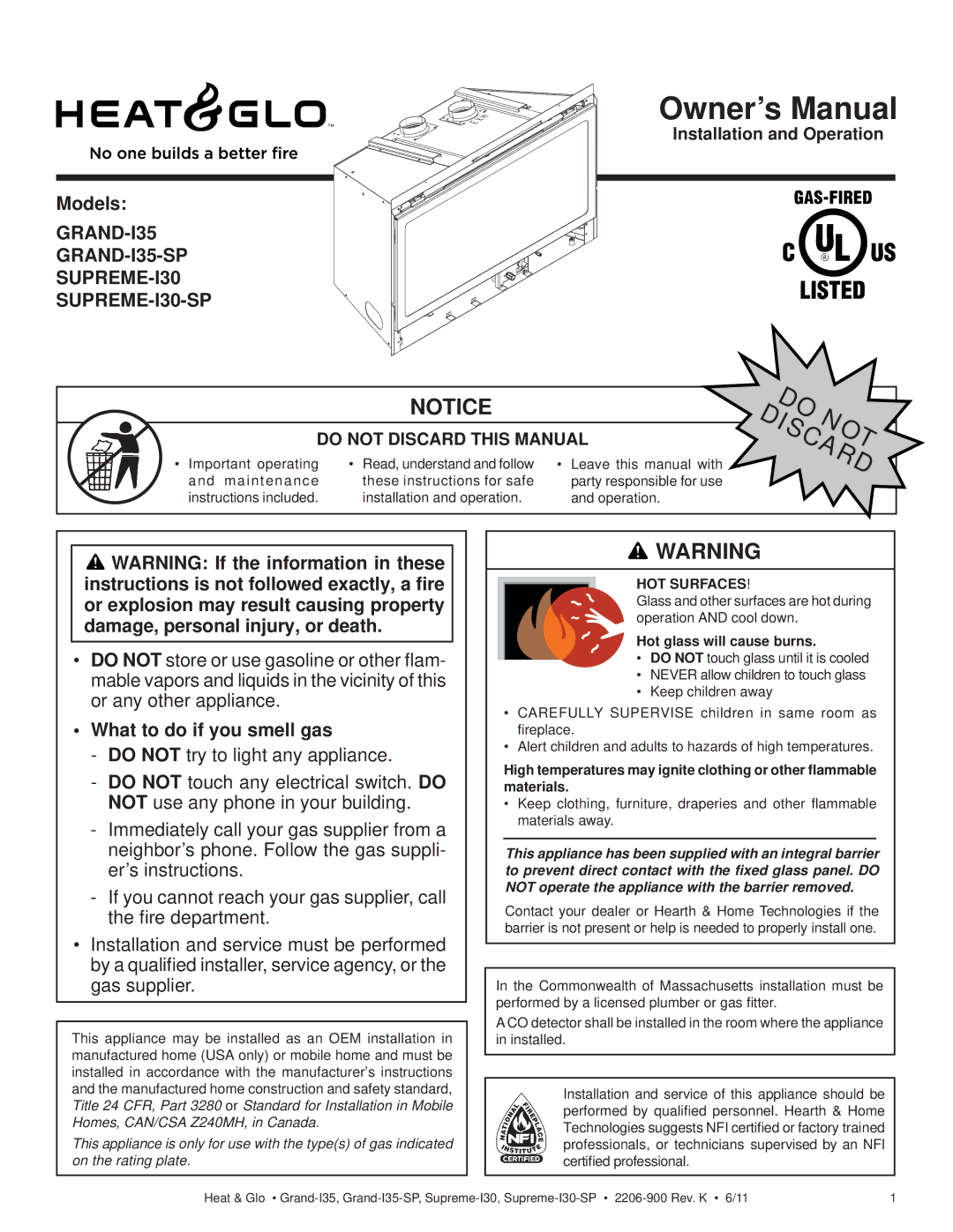 Heat & Glo LifeStyle SUPREME-I30-SP, GRAND-I35 owner manual Models, What to do if you smell gas, Do Discardnot 