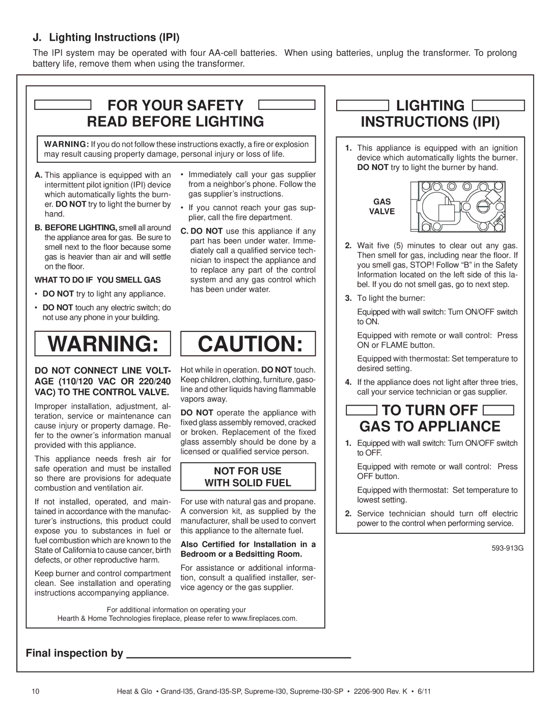 Heat & Glo LifeStyle SUPREME-I30-SP, GRAND-I35-SP owner manual Lighting Instructions IPI, Final inspection by 