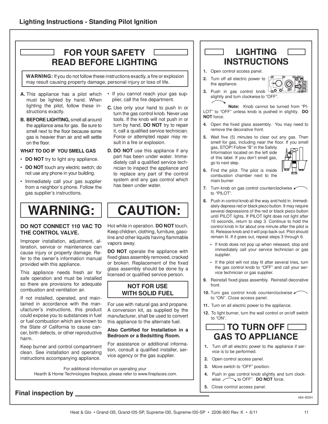 Heat & Glo LifeStyle GRAND-I35-SP, SUPREME-I30-SP owner manual Lighting Instructions Standing Pilot Ignition 