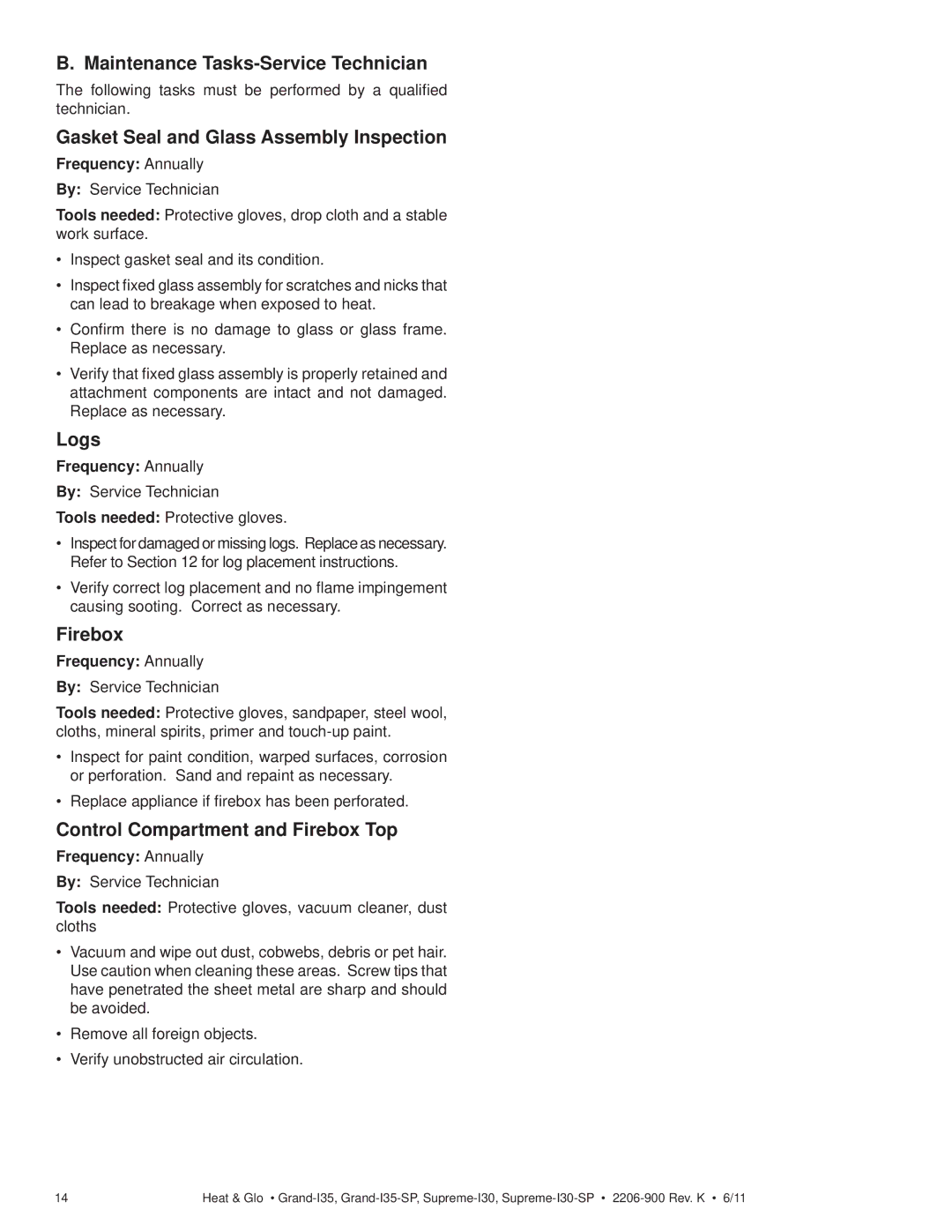 Heat & Glo LifeStyle GRAND-I35 Maintenance Tasks-Service Technician, Gasket Seal and Glass Assembly Inspection, Logs 