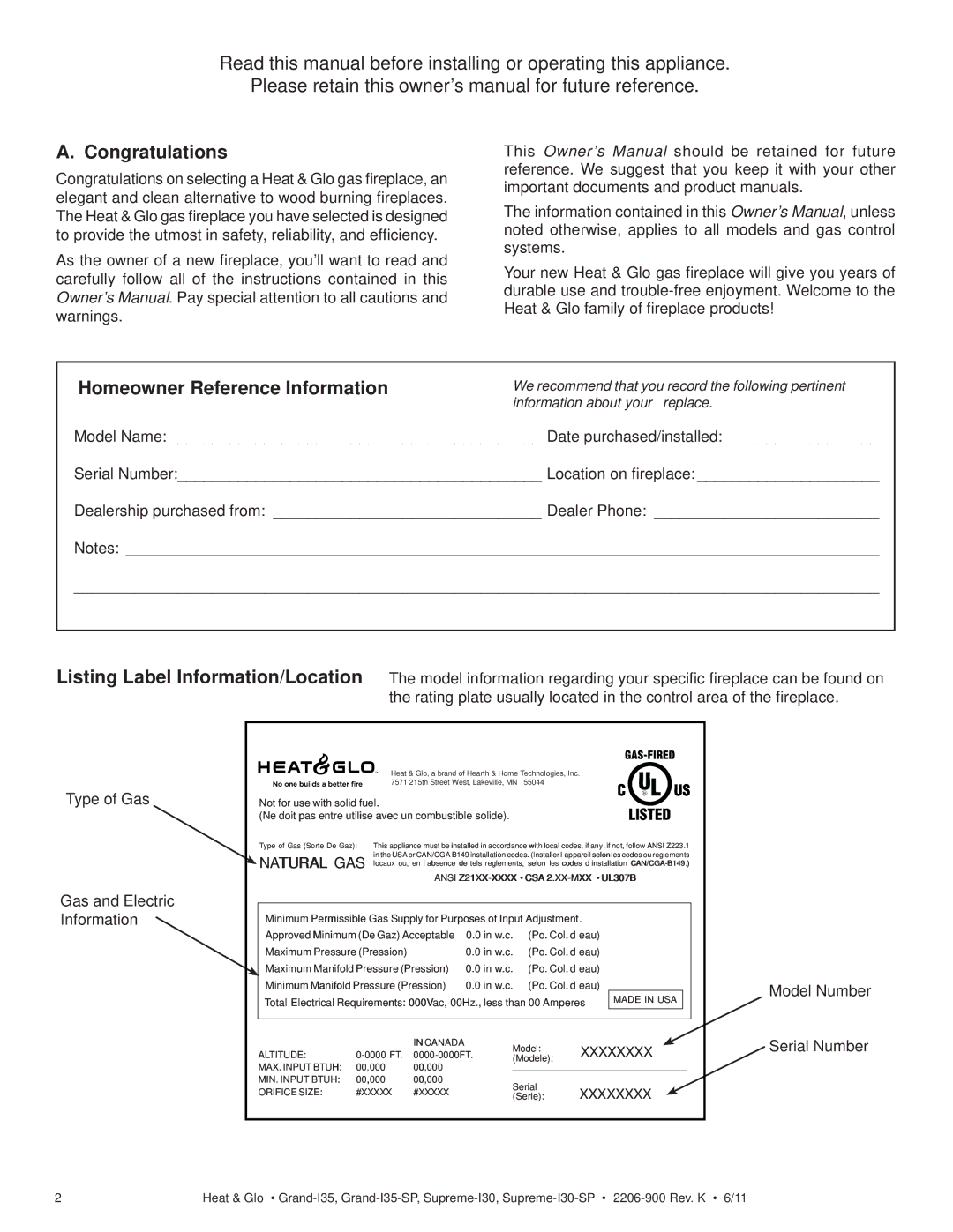 Heat & Glo LifeStyle SUPREME-I30-SP, GRAND-I35-SP owner manual Congratulations, Homeowner Reference Information 